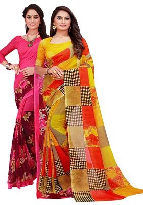 Yellow Printed Georgette Saree Set (Set Of 2)