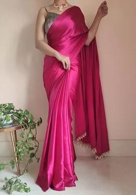 Pink Embroidered Satin Saree Set