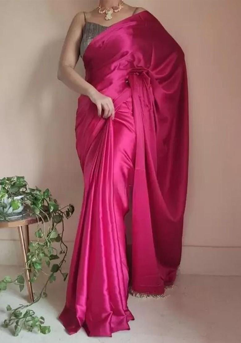 Pink Embroidered Satin Saree Set