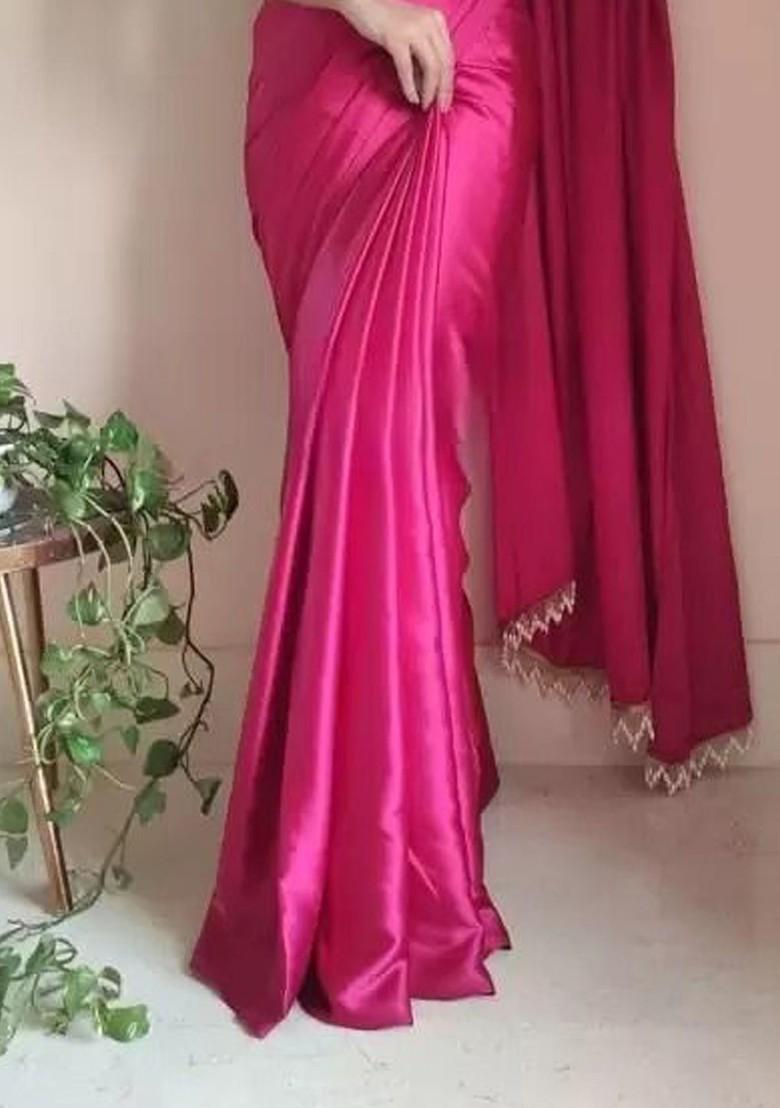 Pink Embroidered Satin Saree Set