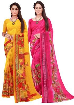 Pink Floral Georgette Saree Set (Set Of 2)