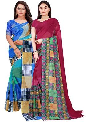 Blue Embroidered Georgette Saree Set