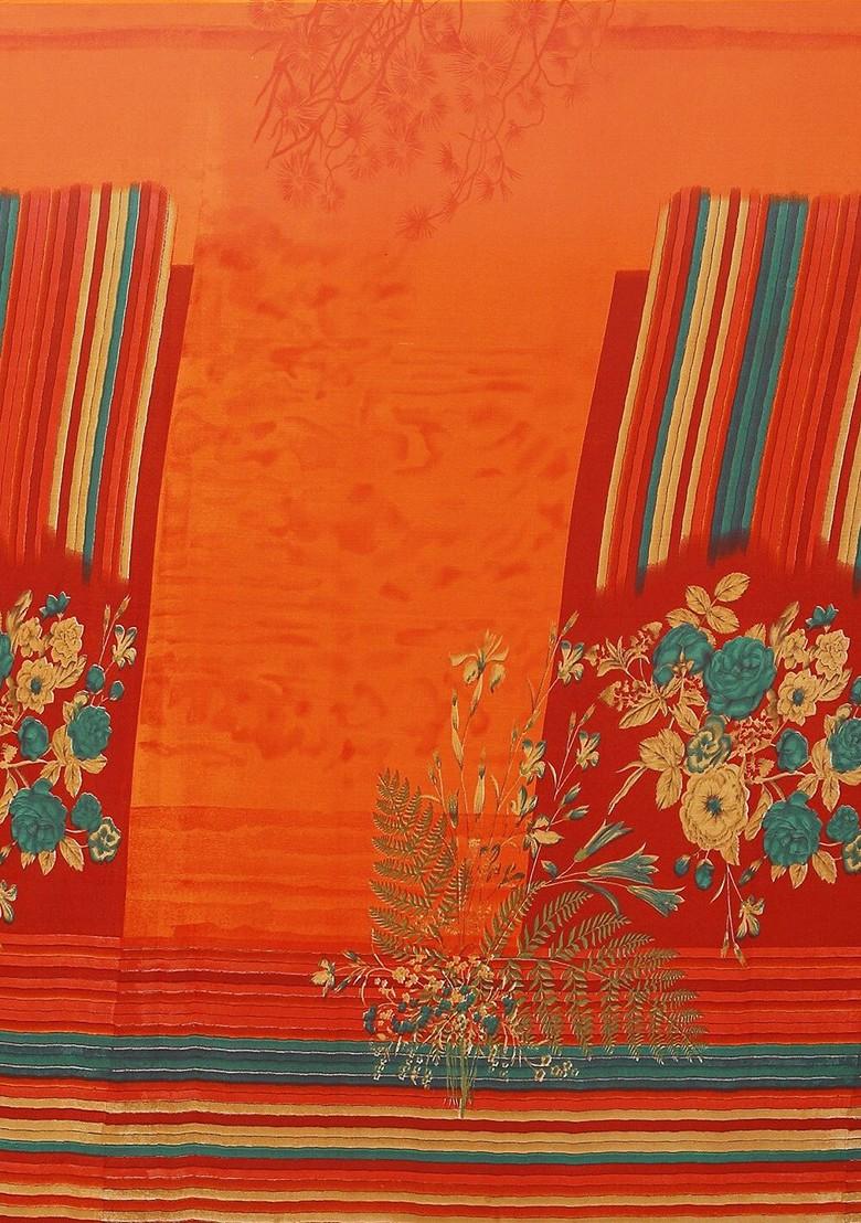 Orange Embroidered Georgette Saree Set (Set Of 2)