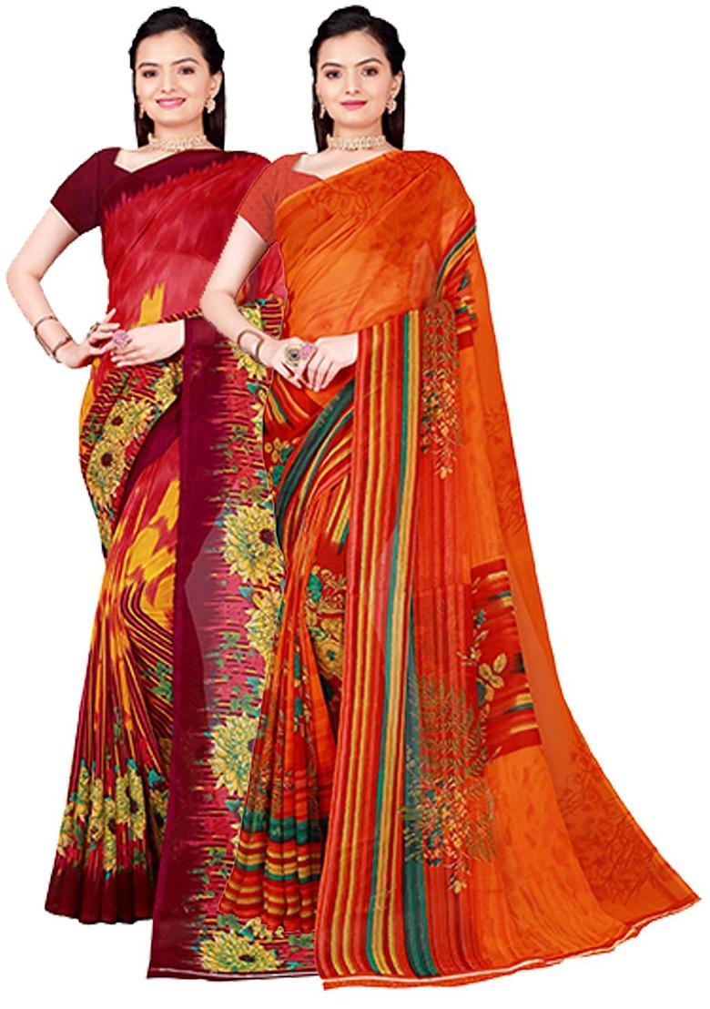 Orange Embroidered Georgette Saree Set (Set Of 2)