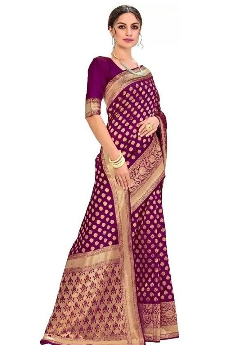 Burgundy woven Silk Saree Set