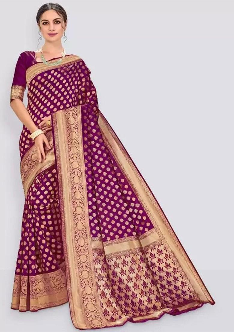 Burgundy woven Silk Saree Set