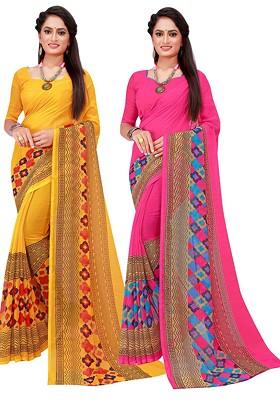 Magenta Floral Georgette Saree Set (Set Of 2)