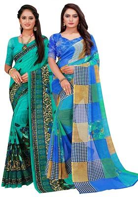 Blue Embroidered Poly Blend Saree Set