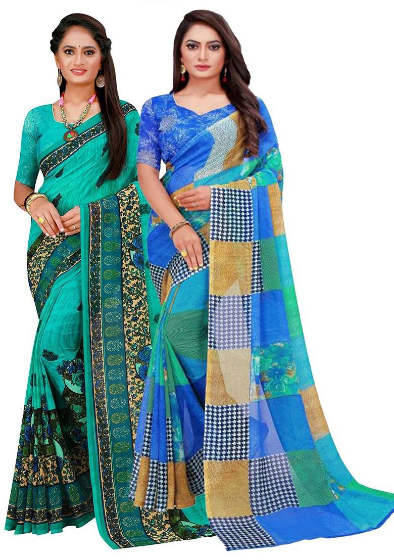 Blue Embroidered Poly Blend Saree Set