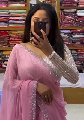 Pink Embellished Georgette Saree Set