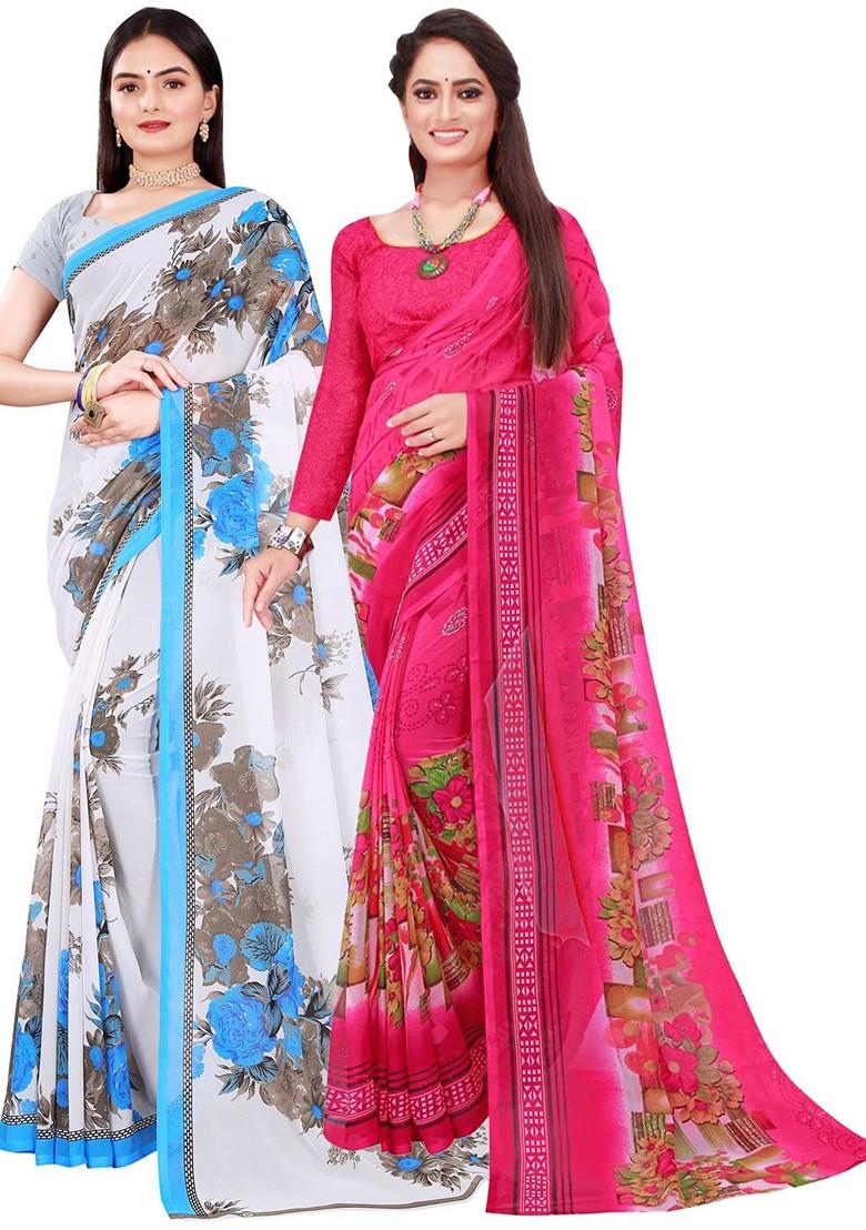 Pink Embroidered Georgette Saree Set (Set Of 2)