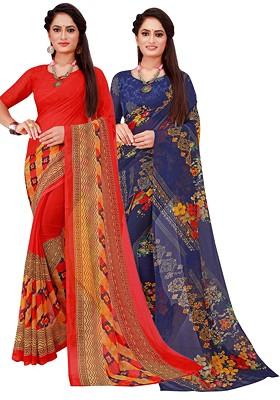 Red Floral Georgette Saree Set (Set Of 2)