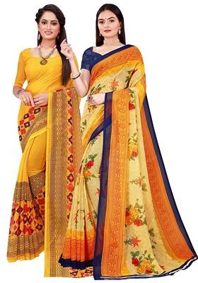 Yellow Printed Georgette Saree Set (Set Of 2)