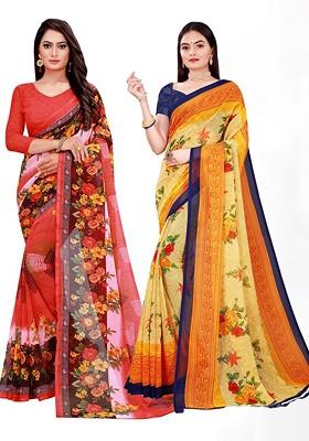 Red Printed Georgette Saree Set (Set Of 2)