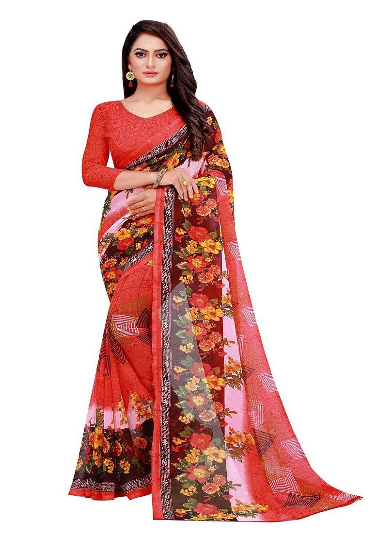 Red Printed Georgette Saree Set (Set Of 2)