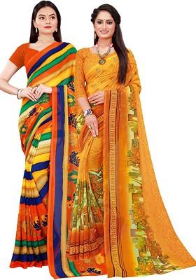 Yellow Striped Georgette Saree Set (Set Of 2)