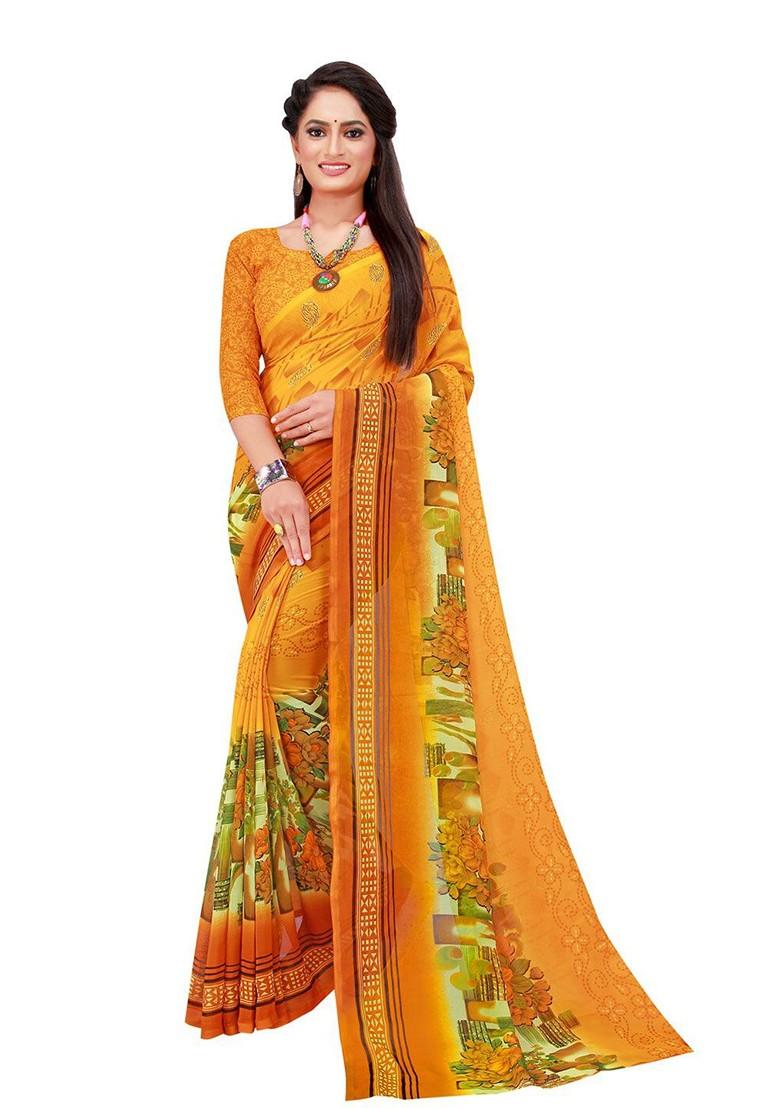 Yellow Striped Georgette Saree Set (Set Of 2)