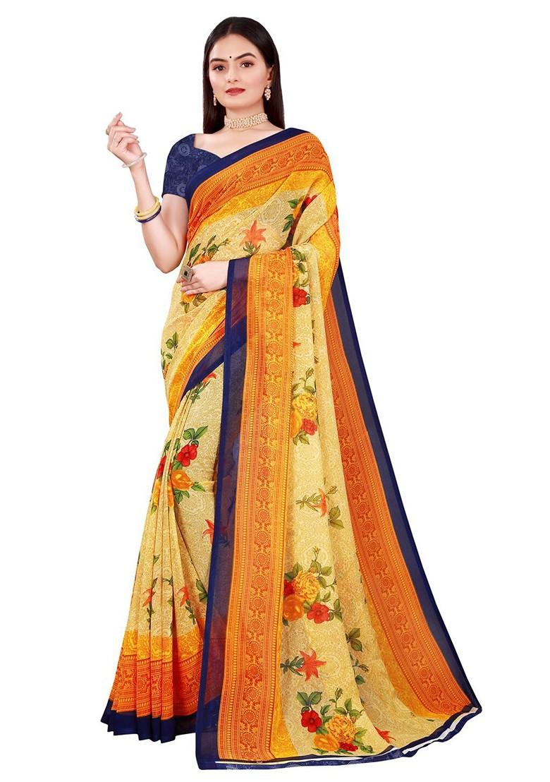 Green Floral Georgette Saree Set (Set Of 2)