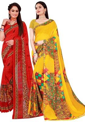Yellow Embroidered Georgette Saree Set