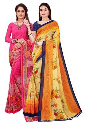 Pink Floral Georgette Saree Set (Set Of 2)