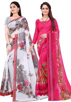 Magenta Printed Georgette Saree Set (Set Of 2)