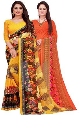 Orange Floral Georgette Saree Set (Set Of 2)