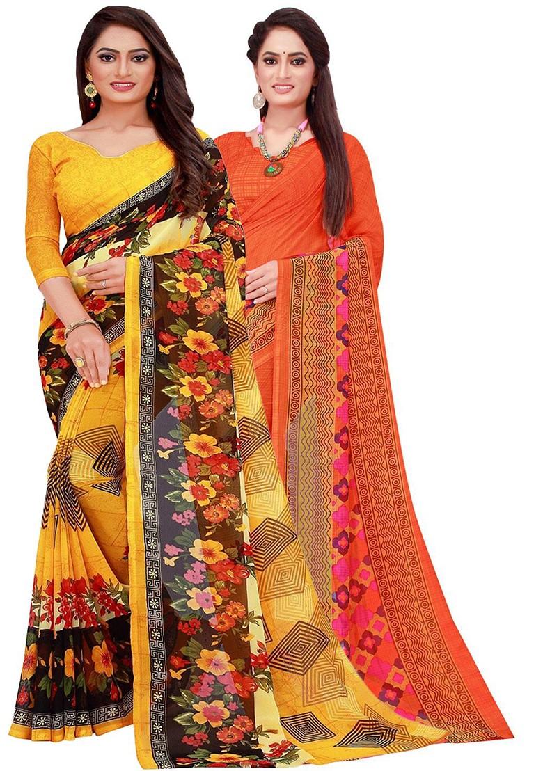 Orange Floral Georgette Saree Set (Set Of 2)