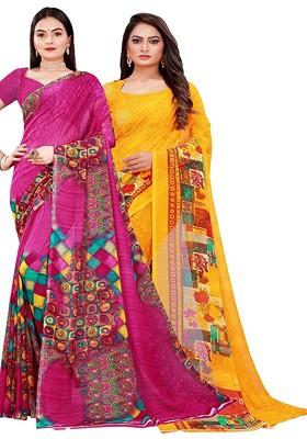 Magenta Embroidered Georgette Saree Set (Set Of 2)