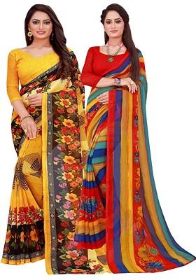 Yellow Printed Georgette Saree Set (Set Of 2)