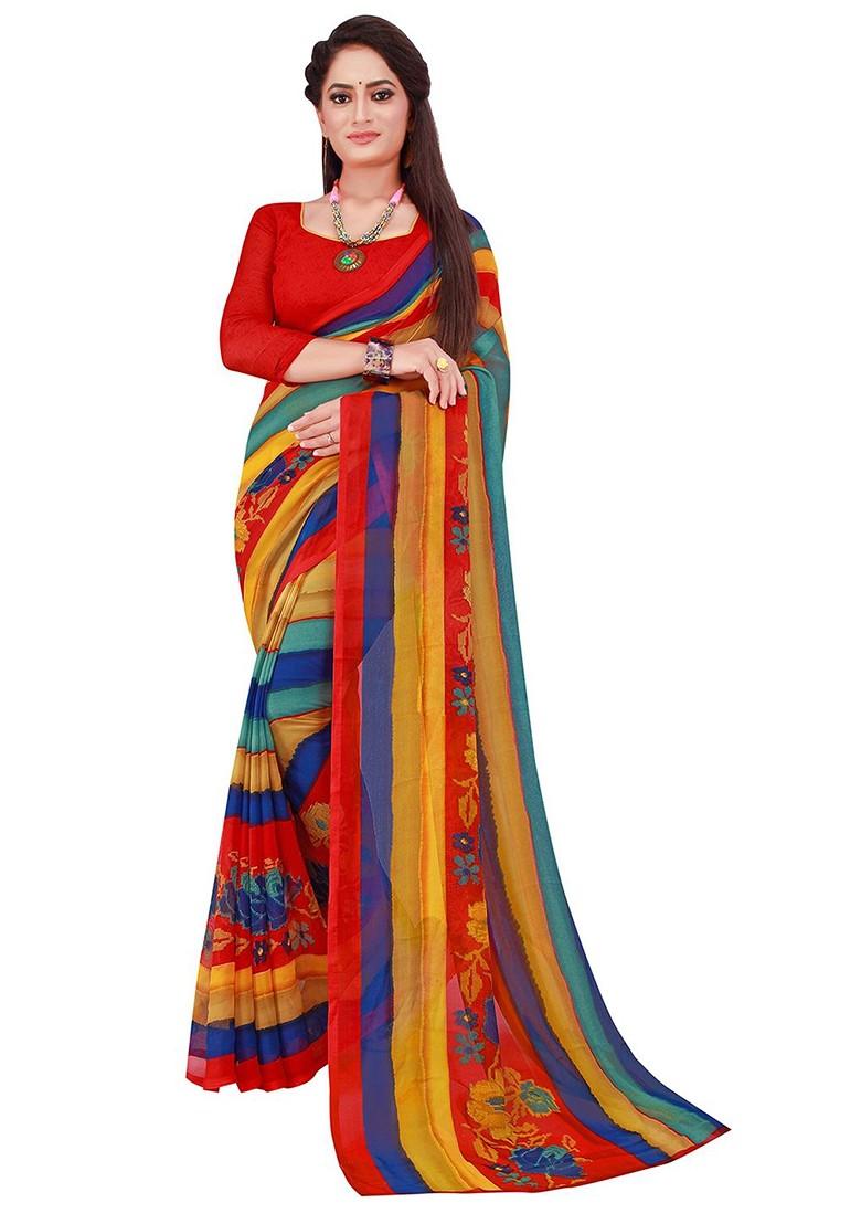 Yellow Printed Georgette Saree Set (Set Of 2)