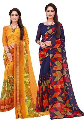 Yellow Floral Georgette Saree Set