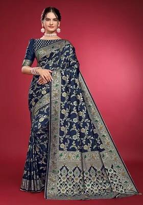 Navy Blue woven Silk Saree Set