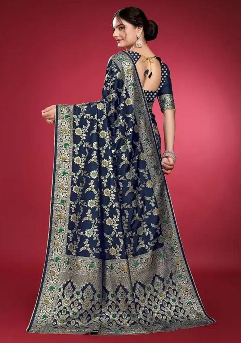 Navy Blue woven Silk Saree Set