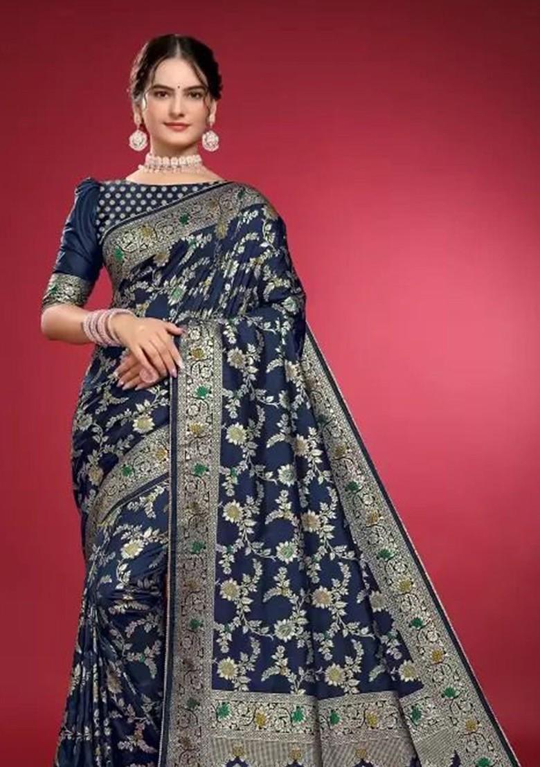 Navy Blue woven Silk Saree Set