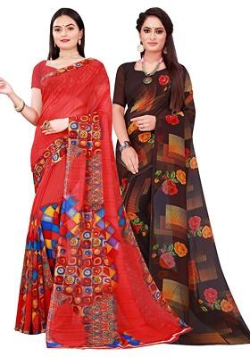 Red Printed Poly Blend Saree Set (Set Of 2)