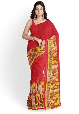 Red Floral Georgette Saree Set
