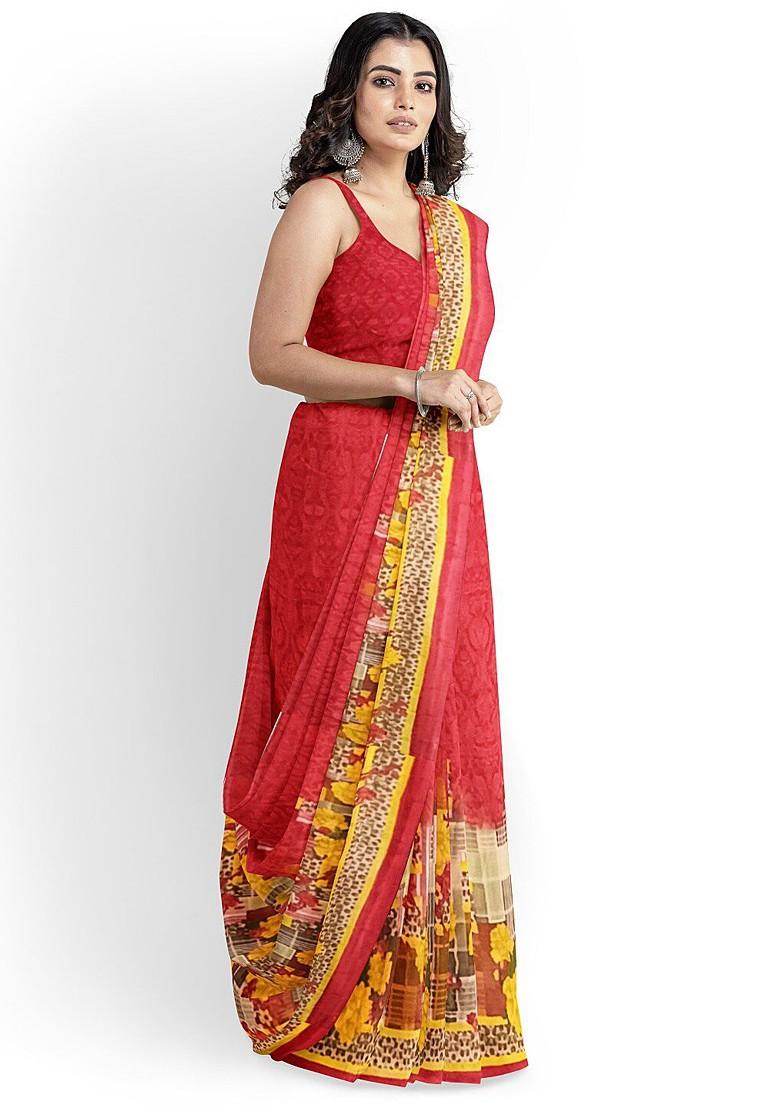 Red Floral Georgette Saree Set