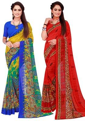 Blue Floral Georgette Saree Set (Set Of 2)