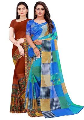 Brown Embroidered Georgette Saree Set (Set Of 2)