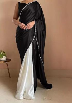 Black Embroidered Satin Saree Set