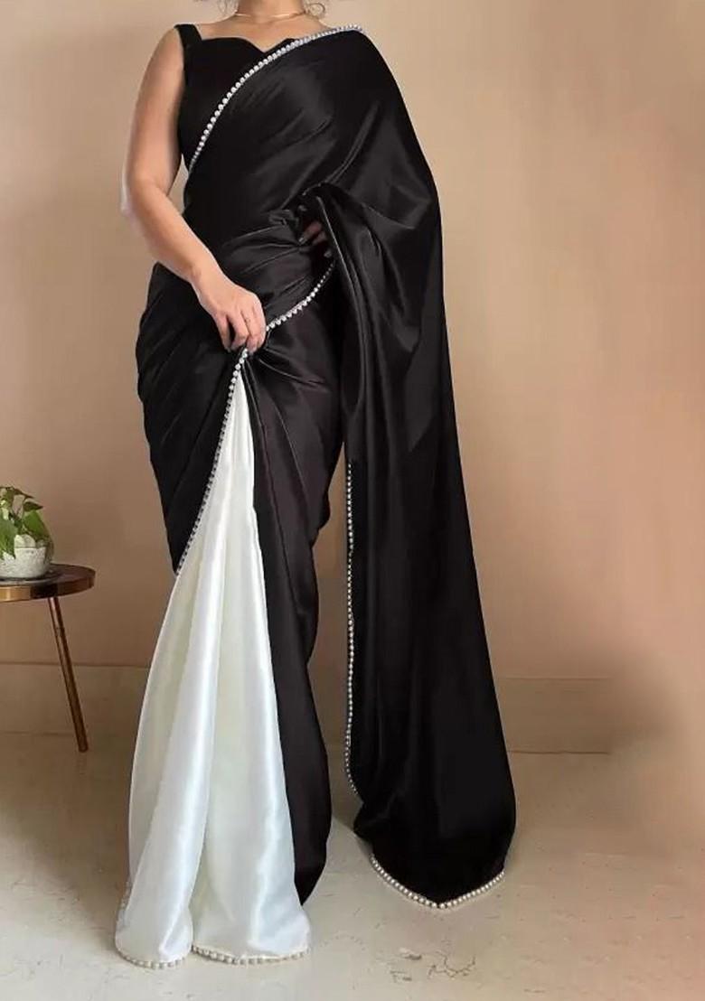 Black Embroidered Satin Saree Set