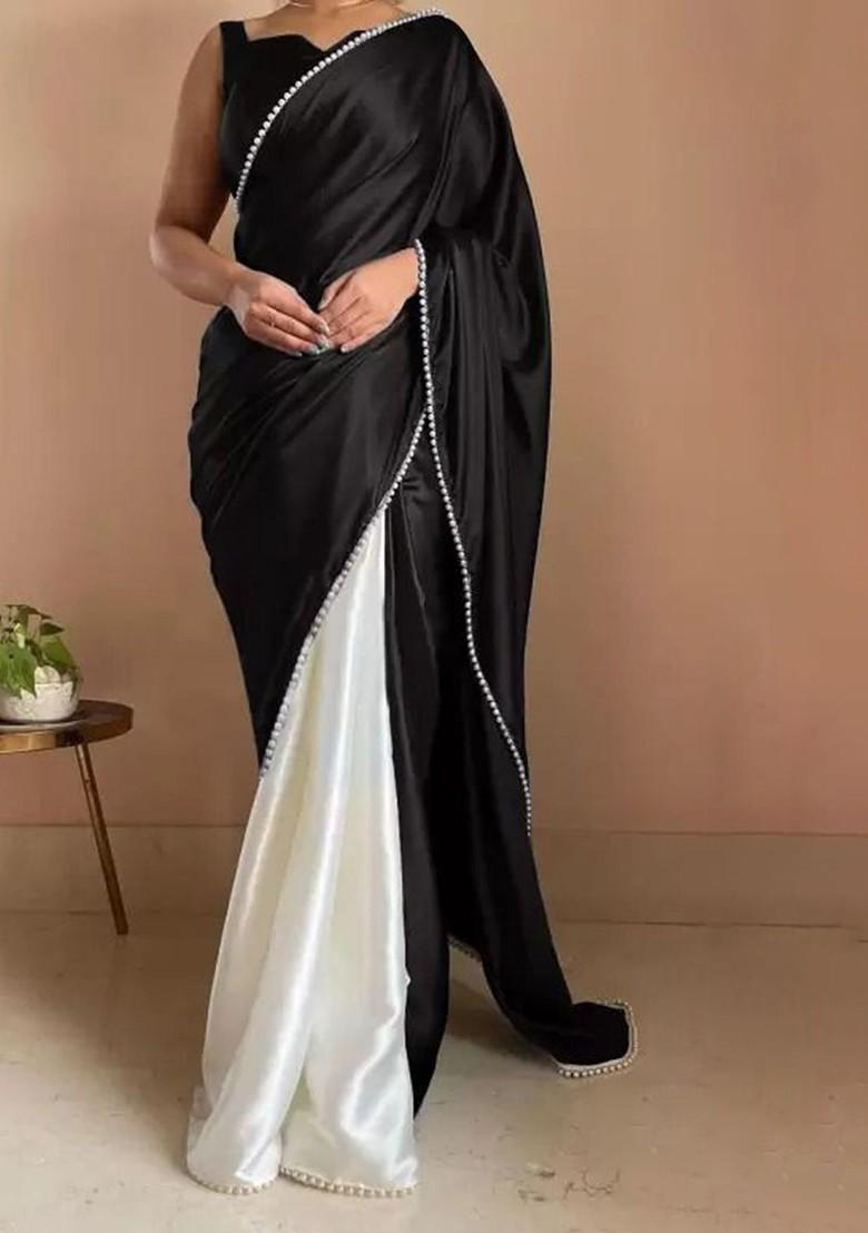 Black Embroidered Satin Saree Set