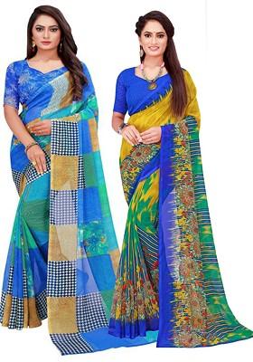 Blue Floral Georgette Saree Set (Set Of 2)