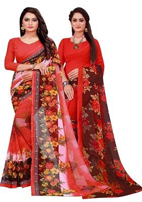 Red Printed Georgette Saree Set (Set Of 2)