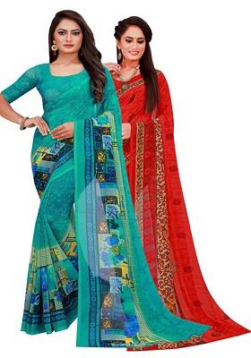Turquoise Blue Floral Georgette Saree Set (Set Of 2)