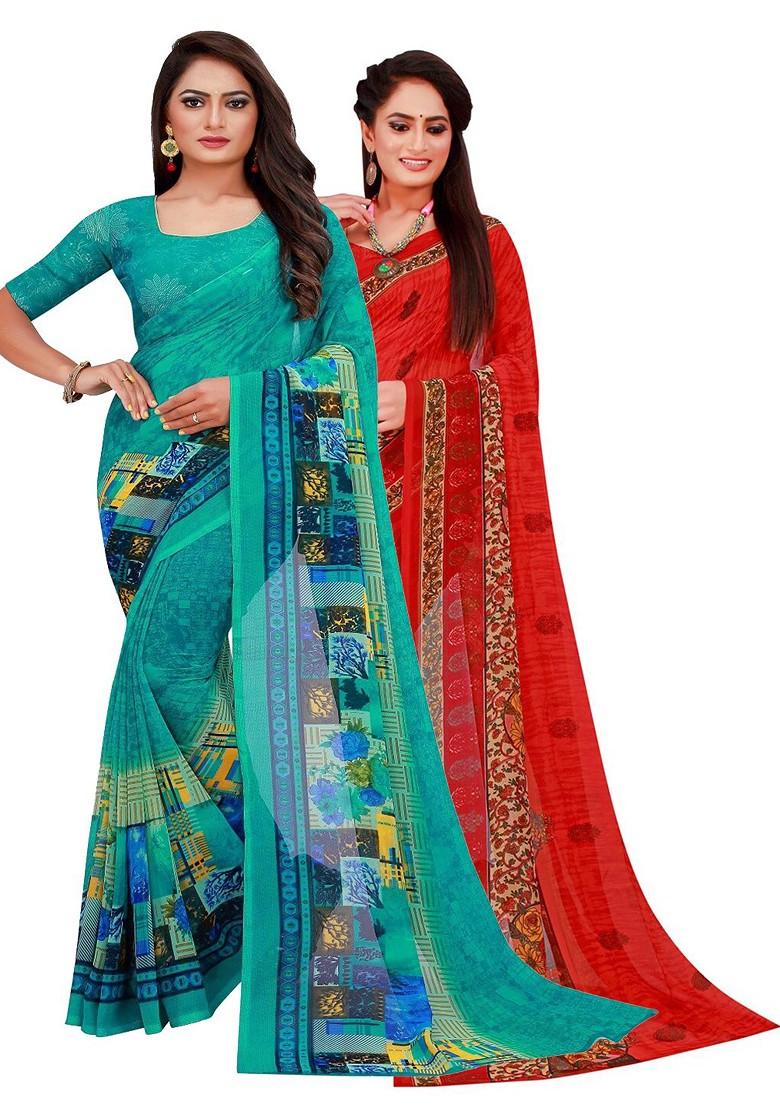 Turquoise Blue Floral Georgette Saree Set (Set Of 2)