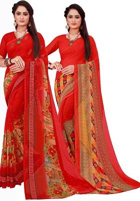 Red Floral Georgette Saree Set (Set Of 2)