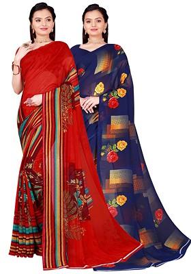 Red Floral Georgette Saree Set (Set Of 2)