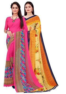 Yellow Printed Georgette Saree Set (Set Of 2)