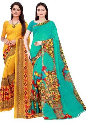 Yellow Printed Georgette Saree Set (Set Of 2)